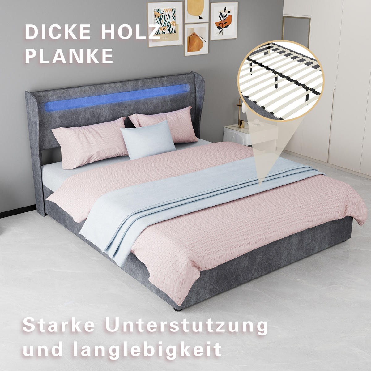 STAURAUMBETT 160/200 cm mit LED und Gaslift-Stauraum, DE-41911, in Grau - Grau, Metall (160/200cm) - ComfortXL