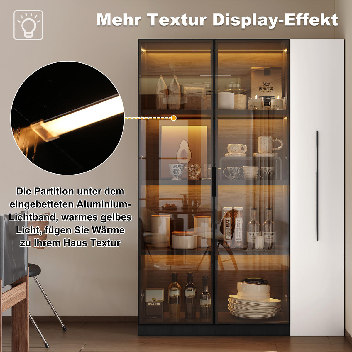 VITRINE 110,5/35/160 cm schwarz/weiß aus MDF und Glas mit LED und Seitenauszug - Schwarz, Holzwerkstoff (110.5/160/35cm) - OKWISH