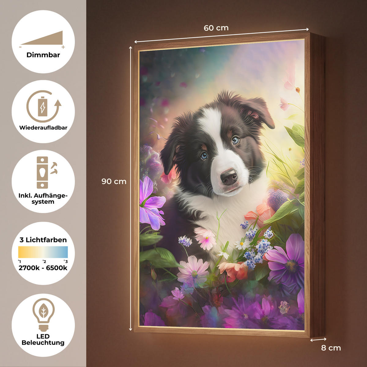 NÁSTĚNNÁ LAMPA S AKUMULÁTOREM Štěně - Slunce - Květiny - Příroda - Border kolie - Pes 60x90 cm - fialová, kompozitní dřevo (60/90/8cm) - OnlyWow