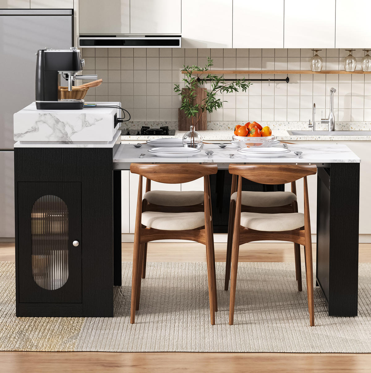KÜCHENINSEL 83/46-146,5/96 cm schwarz aus MDF mit ausziehbarer Klappplatte - Schwarz, Holzwerkstoff (83/96/46cm) - OKWISH