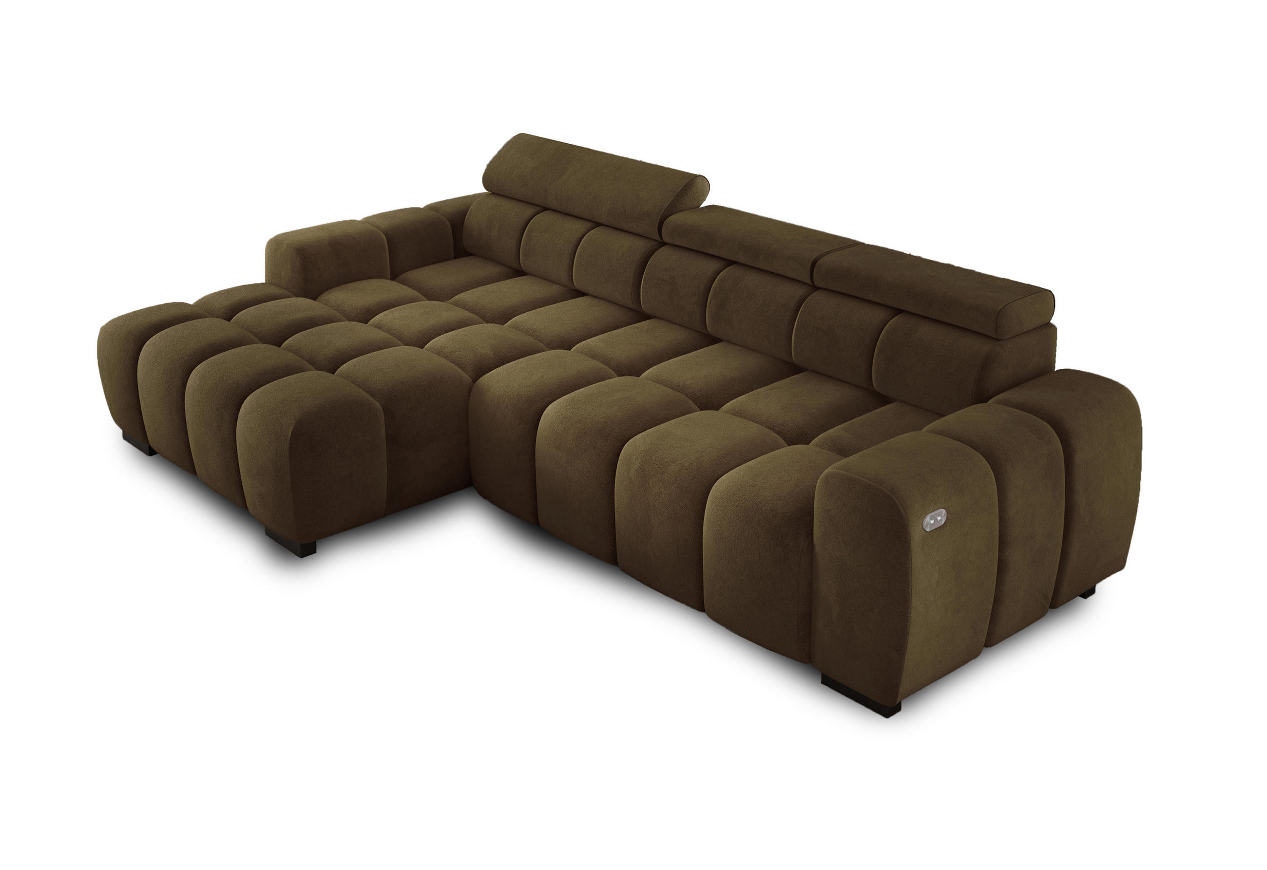 ECKSOFA OMBO 285x168x77/97 cm, Links, Schlaffunktion, elektr. Sitz, Kopfstützen, Buche dunkel, hydrophober SALVADOR-Stoff – Esche - Olivgrün, Holz/Textil (168/285cm) - DomoHome