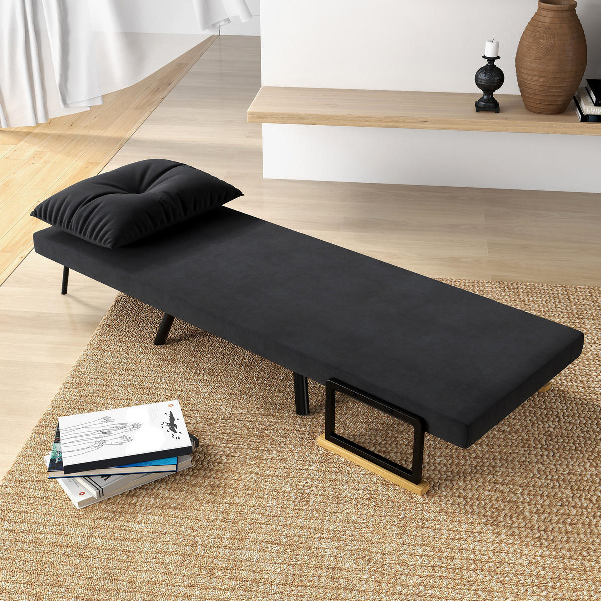 SCHLAFSESSEL, Einzelsofa mit Bettfunktion, Relaxsessel mit Rückenkissen Schwarz - Schwarz/Naturfarben, Holz/Textil (63/81/73cm) - HOMCOM