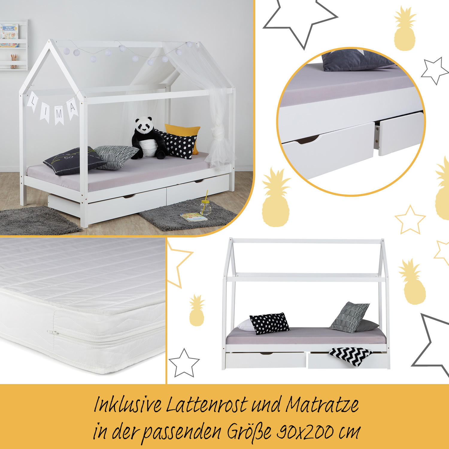 HAUSBETT mit Matratze mit Stauraum 90/200 cm Weiß - Weiß, Holz (206/160/98cm) - Homestyle4u