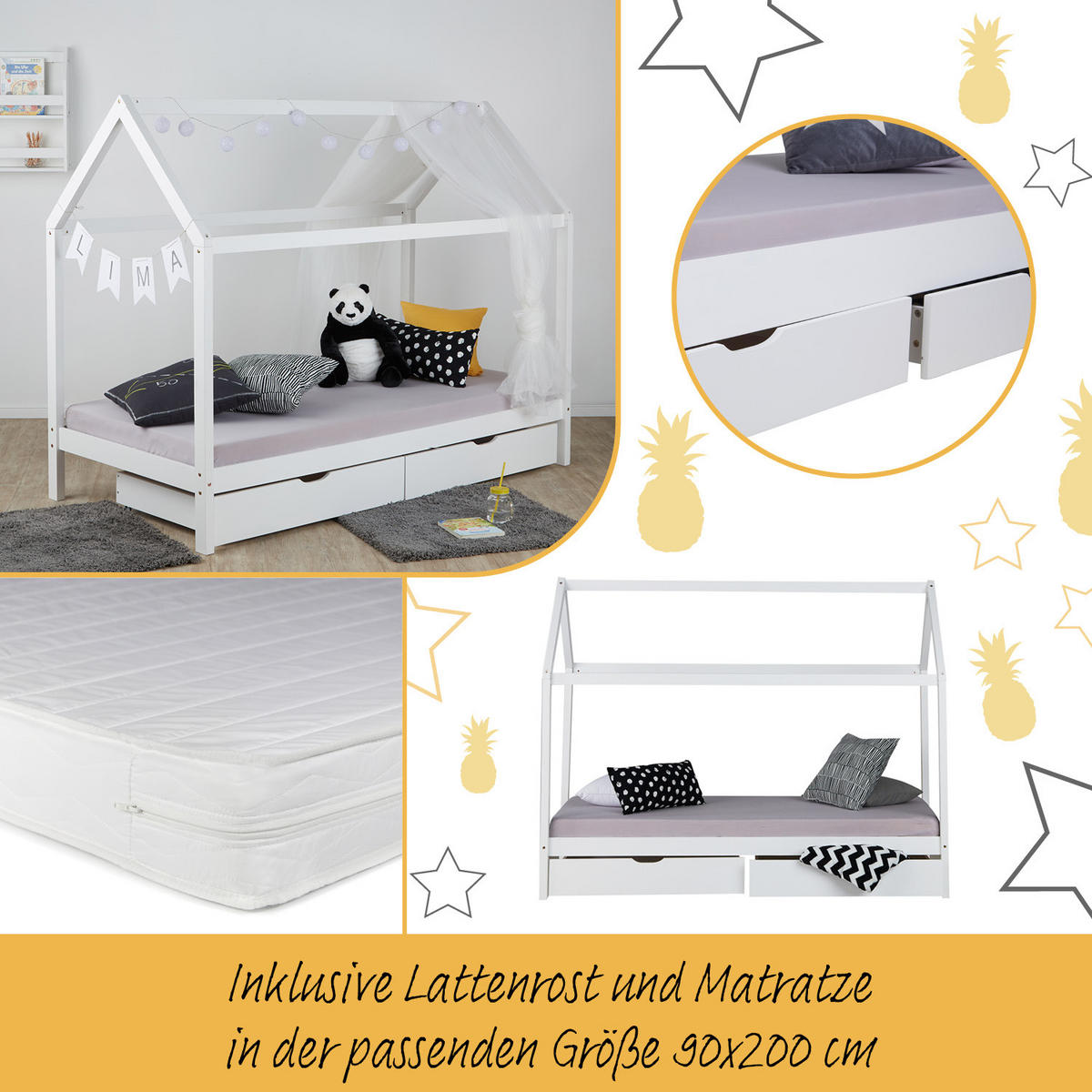 HAUSBETT mit Matratze mit Stauraum 90/200 cm Weiß - Weiß, Holz (206/160/98cm) - Homestyle4u