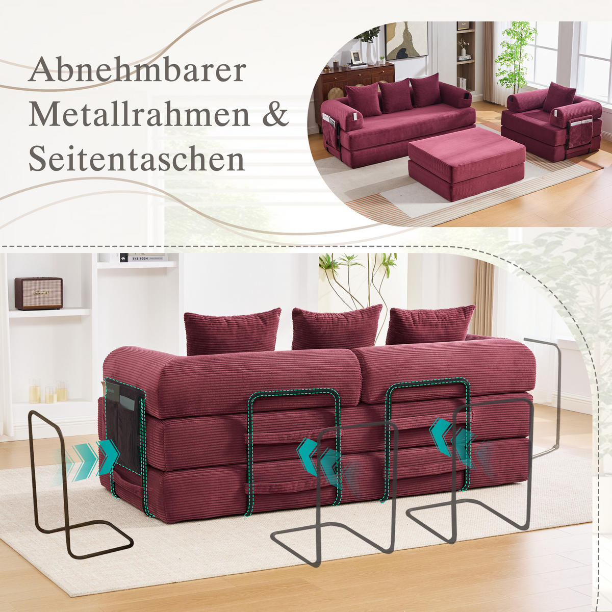SITZGARNITUR DE-33801 modular mit Hocker Weinrot - Weinrot, Metall (200/67/190cm) - ComfortXL