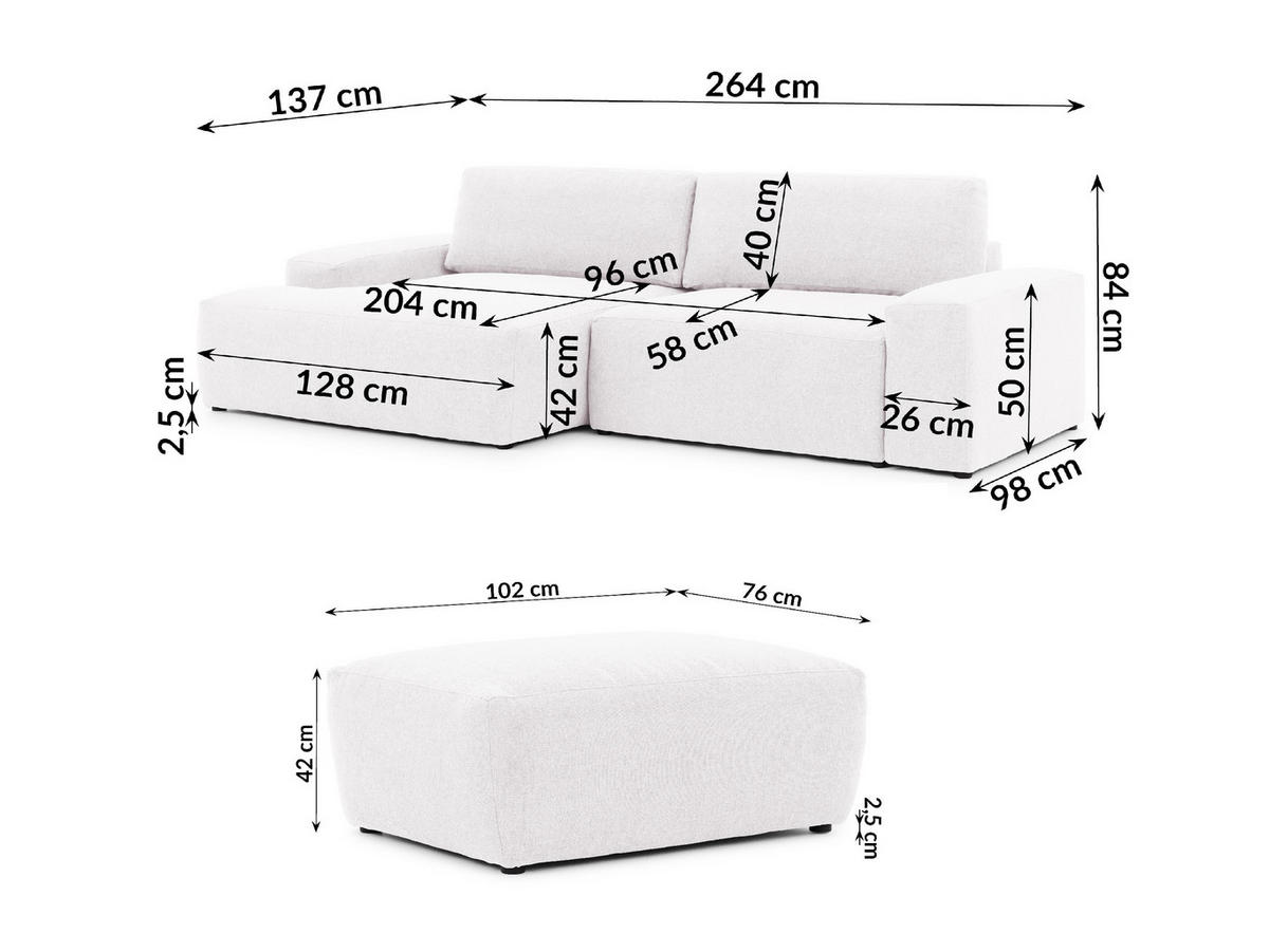 ECKSOFA inkl. Hocker Lennon aus Creme Strukturstoff mit Schlaffunktion und Bettkasten - Creme/Schwarz, Holz/Kunststoff (137/264cm) - S-Style