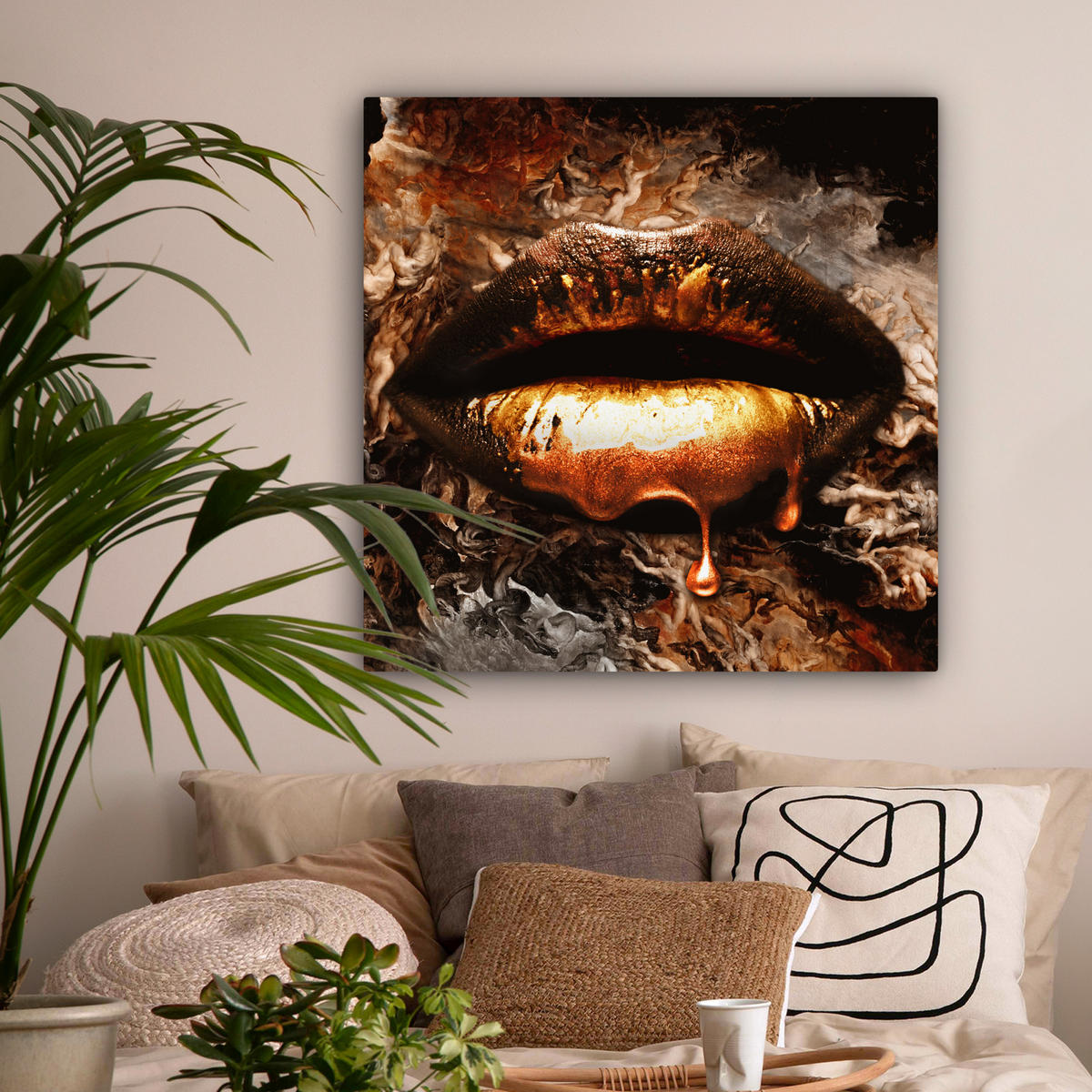 LEINWANDBILD Gold - Lippen - Kunst - Gold - Luxus - Abstrakt Deko Groß 90x90 cm - Kupferfarben, Textil (90/90cm) - MuchoWow
