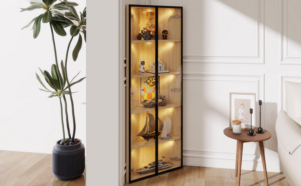 ECKVITRINE 62×35×160 cm aus MDF mit LED-Beleuchtung gehärtetem Glas und Soft-Close-Scharnieren - Naturfarben, Holzwerkstoff (62/160/35cm) - Luhomfu
