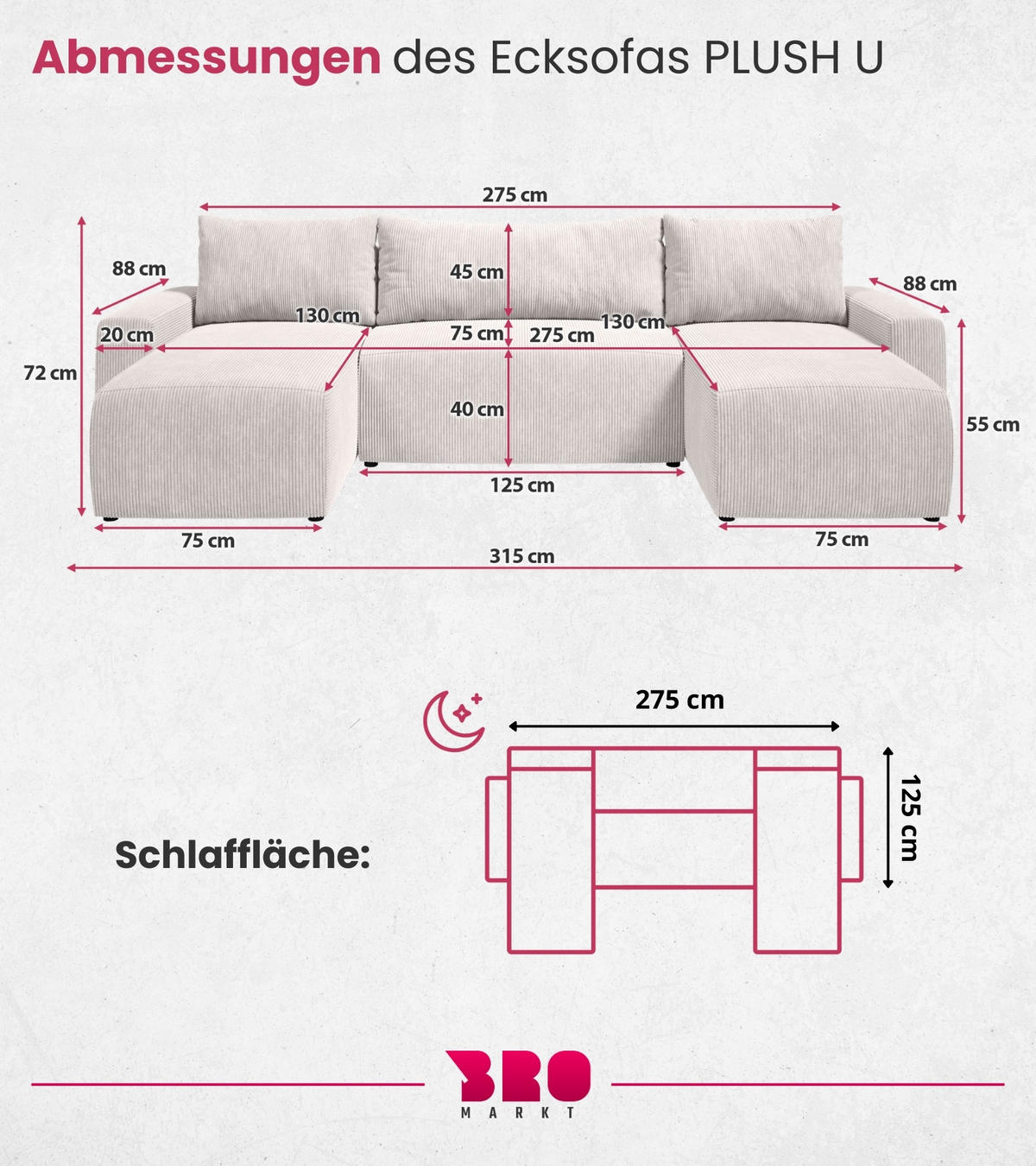 WOHNLANDSCHAFT Plush mit Schlaffunktion Weiß Cord - Creme, Kunststoff/Textil (315/72/145cm) - Bromarkt