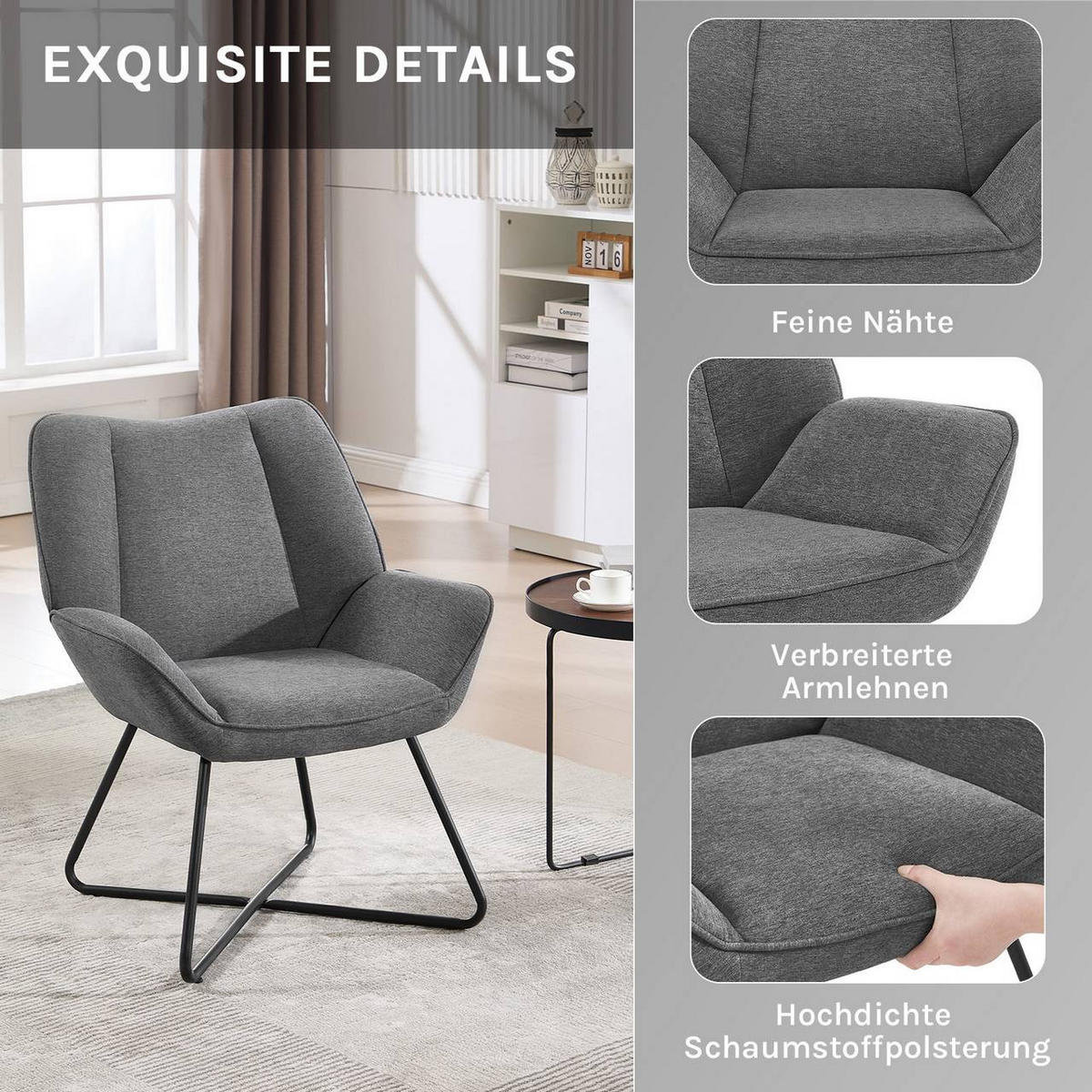 RELAXSESSEL mit Metallrahmen, Leinen, Dunkelgrau - Dunkelgrau/Schwarz, Keramik/Textil (71/85/70cm) - Woltu