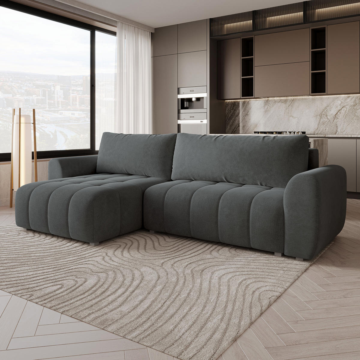 ECKSOFA MODARO CL Grau Samtstoff mit Schlaffunktion - Grau, Holzwerkstoff/Textil (285/148cm) - MASSENO