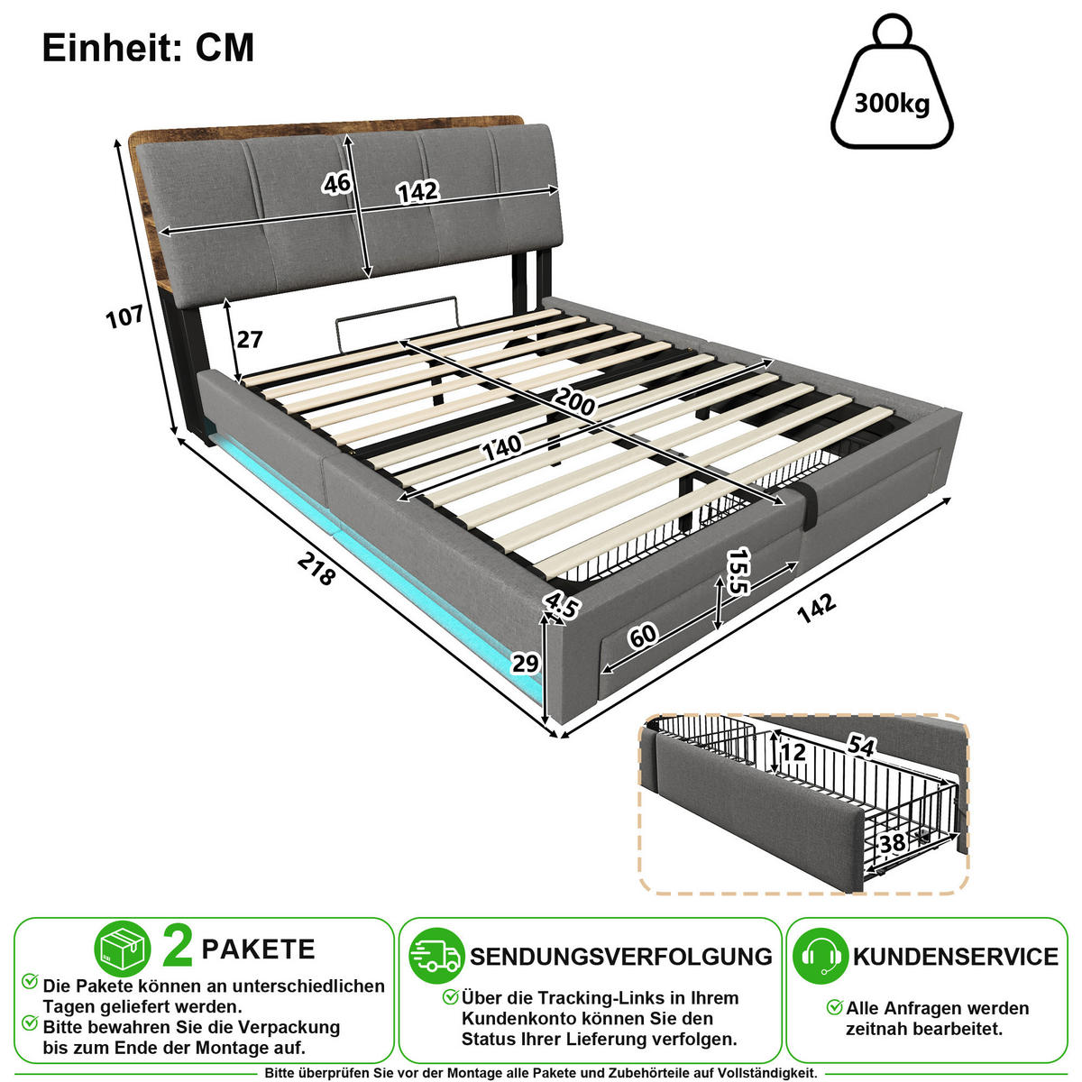 ČALOUNĚNÁ POSTEL 140/200 cm v šedé barvě s úložným prostorem, LED, USB a Type-C - šedá, kov/kompozitní dřevo (140/200cm) - CHICFURN