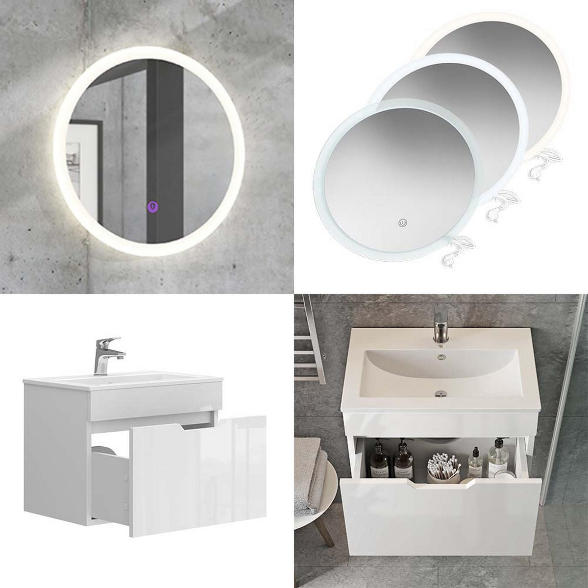 BADMÖBEL-SET Stefanie Weiß 3 Teile, mit Unterschrank 60 cm und Led Spiegel - Weiß, Holzwerkstoff (60/46.2/40cm) - Vicco