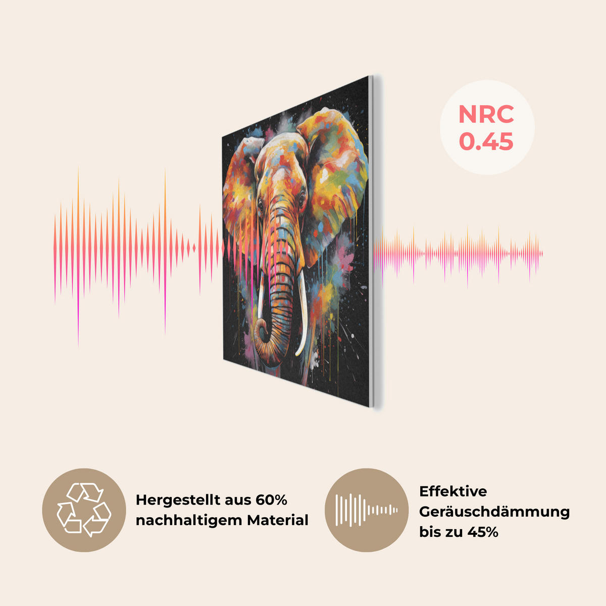 AKUSTIKPANEEL Elefant - Graffiti - Schwarz - Tiere - Farben 90x90 cm - Schwarz, Textil (90/0.9/90cm) - MuchoWow
