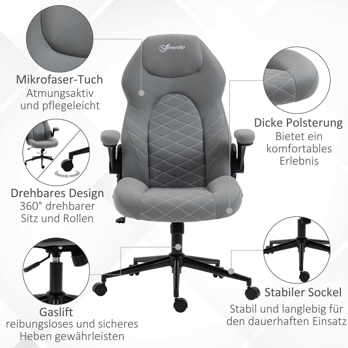 BÜROSTUHL, Ergonomischer Schreibtischstuhl, Computerstuhl mit Wippfunktion - Hellgrau, Kunststoff (69.5/122/65.5cm) - Vinsetto
