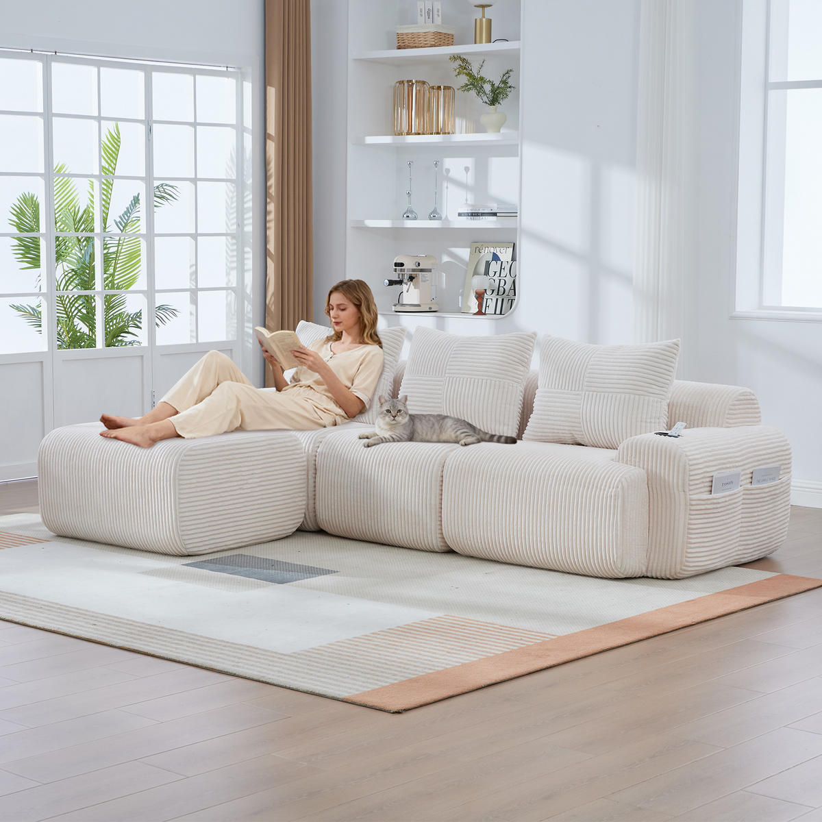 3-SITZER SOFA Cord Beige mit Hockern, Getränkehalter und Seitentasche - Beige, Textil (268/174cm) - WISHDOR