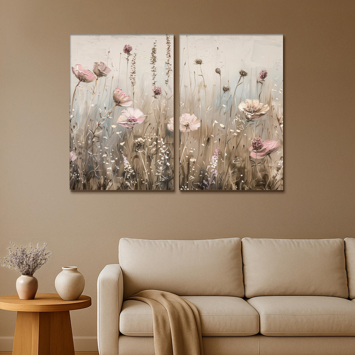 LEINWANDBILD 2er Set Blumen - Beige - Modern - Rosa 120x90 cm - Ecru, Textil (120/90cm) - MuchoWow