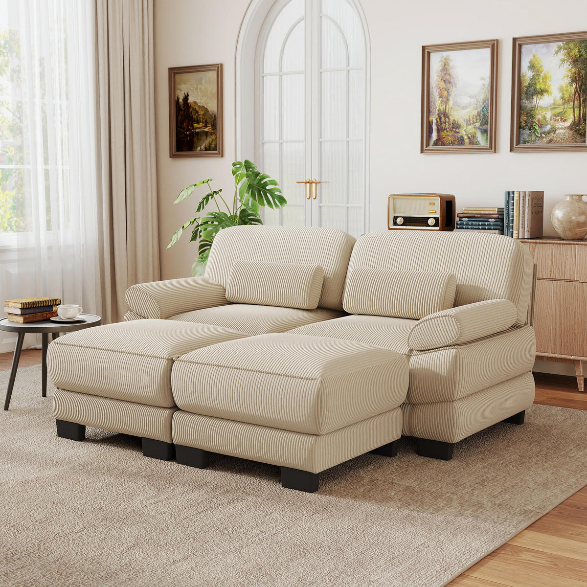 2-SITZER-SOFA modular mit 2 Hockern, DE-42659, Beige - Beige, Holz (194/94/161cm) - ComfortXL