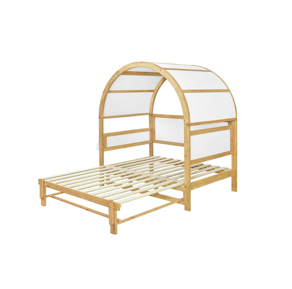 POSTELJA v obliki hiše 140/200 cm bela/naravna z izvlečnim ležiščem iz masivnega lesa in MDF - bela, leseni material (140/200cm) - OKWISH