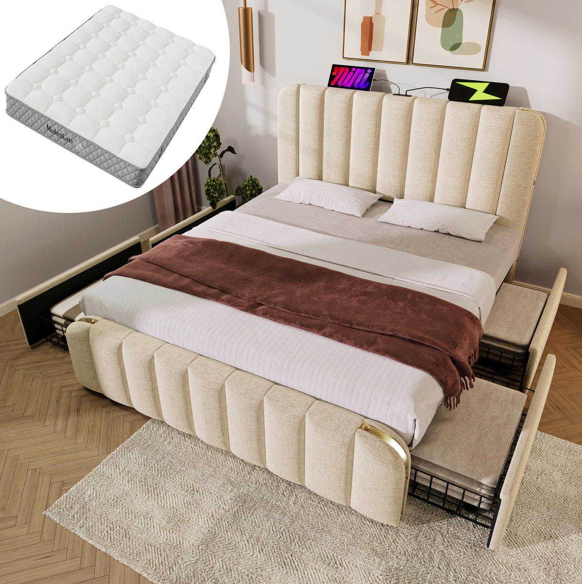 POLNJENA postelja iz lanu 140x200 cm bež z USB in USB-C priključkom, 4 predali ter vzmetnico H3 - bež, tekstil (140/200cm) - Modfu