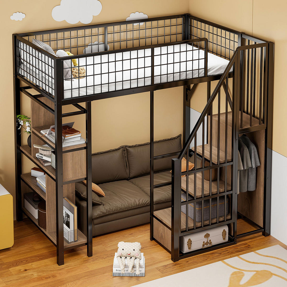 VYSOKÁ postel 90/200 cm černá se schodišťovým úložným prostorem a s odkládacími plochami - černá, kov (90/200cm) - OKWISH