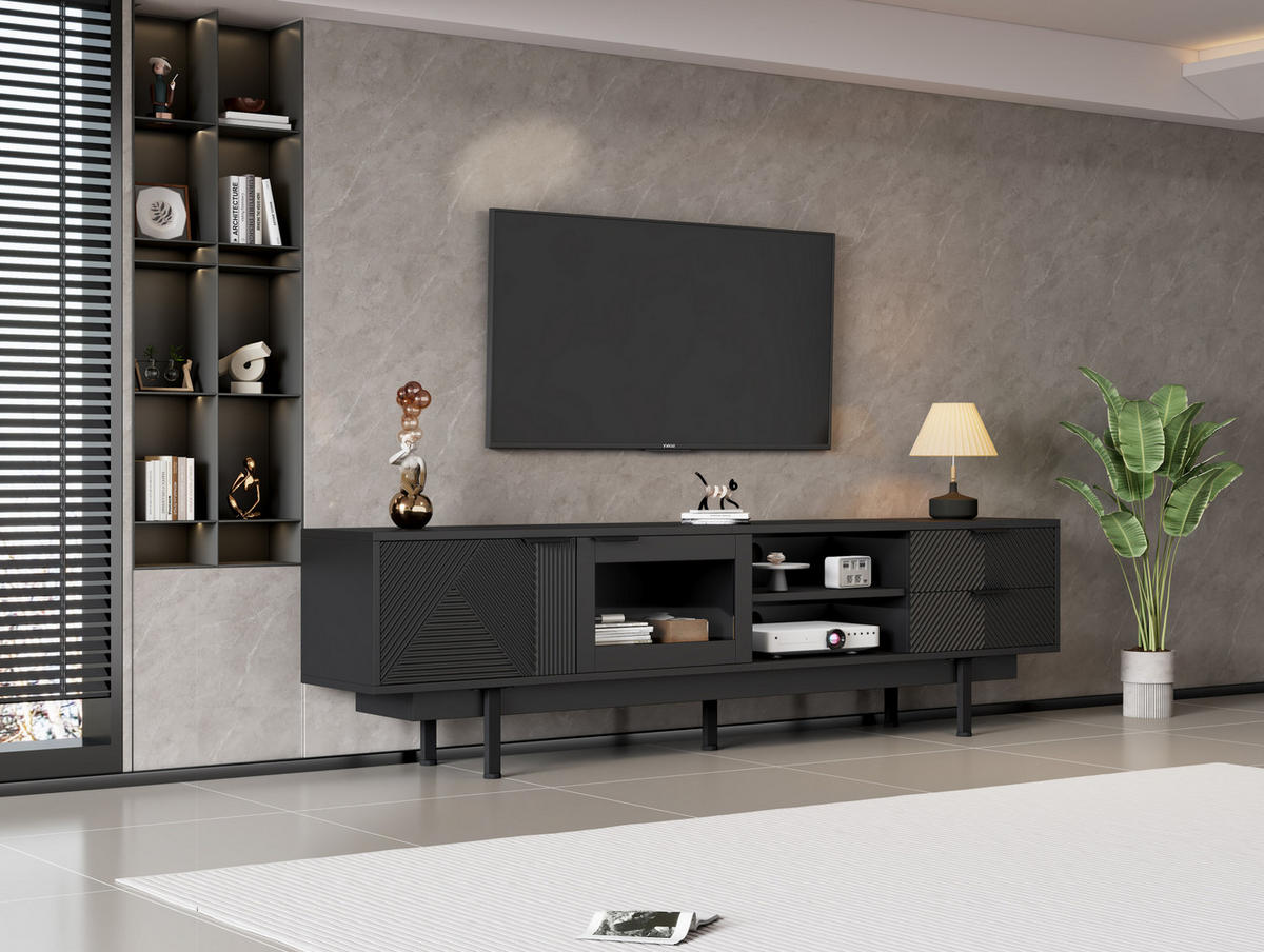 TV-LOWBOARD aus Spanplatte 200x40x50,5 cm Schwarz mit 2 Türen, 2 Schubladen und Ablagefächern - Schwarz, Holzwerkstoff (200/50.5/40cm) - Modfu