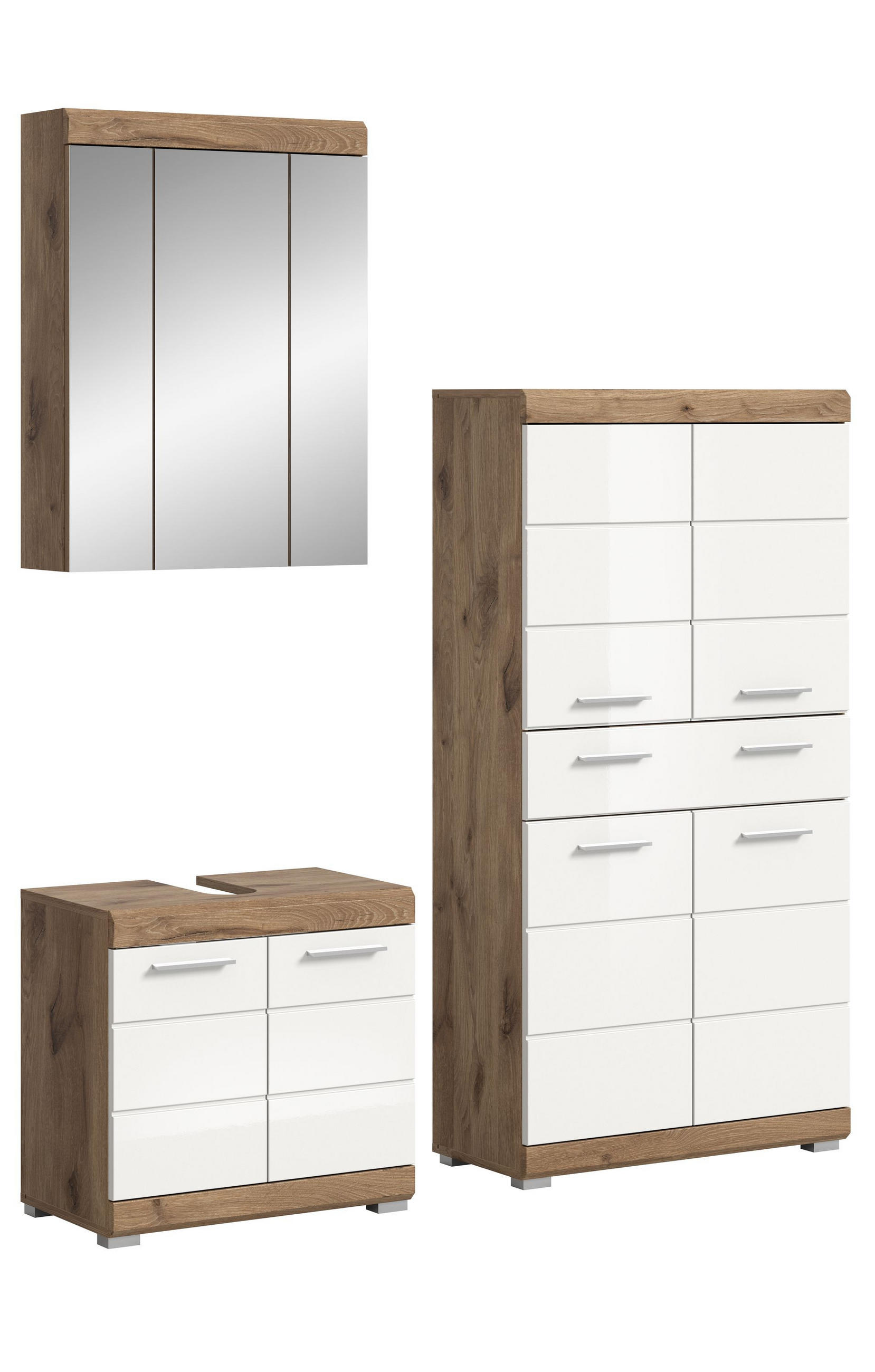 BADKOMBINATION 3tlg. Wave Bad in Nox Oak Nachbildung und weiß hochglanz B/H/T: 149x191x34 cm - Eichefarben, Holz (149/191/34cm)