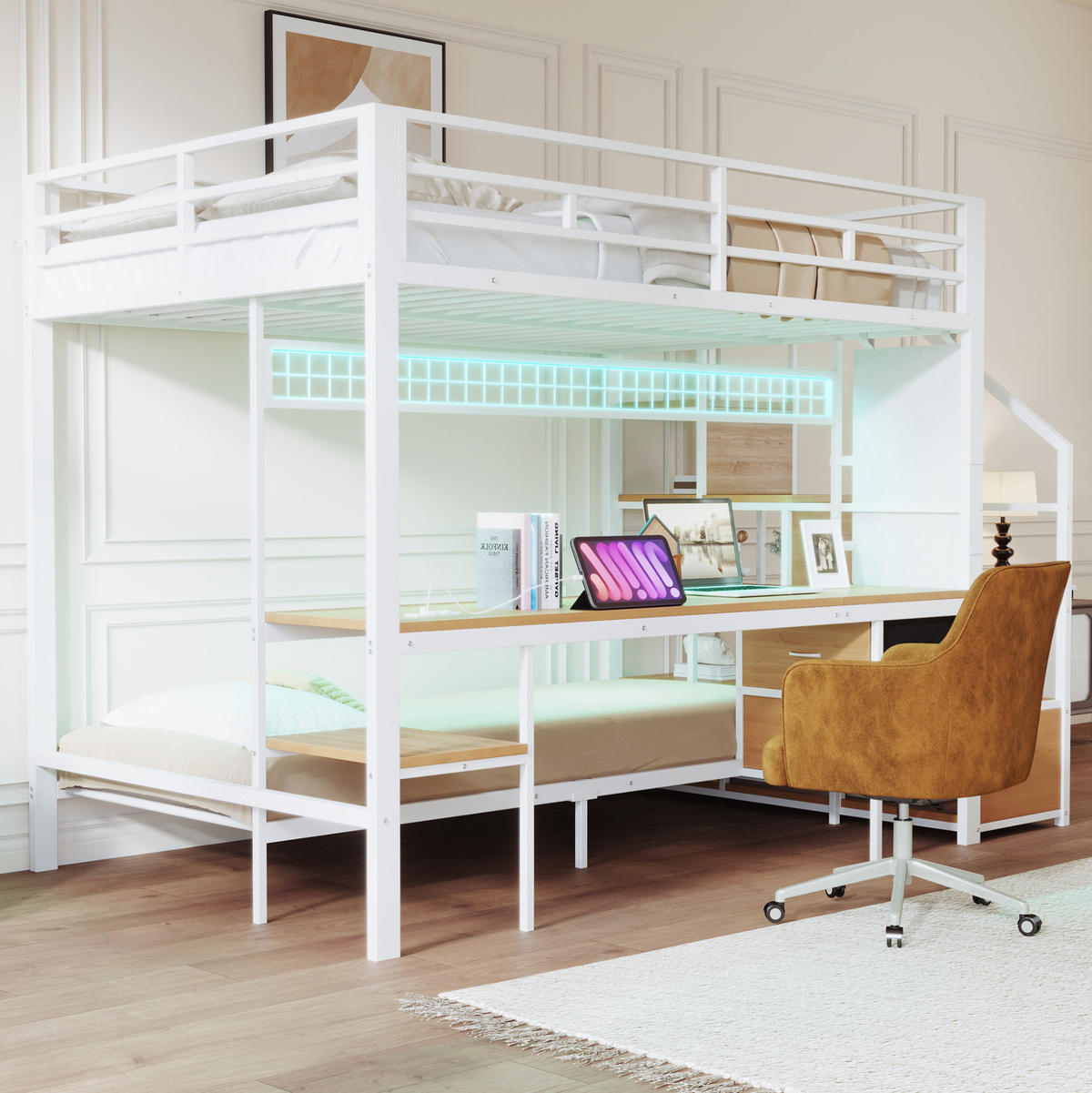 HOCHBETT 140/200 cm und 90/200 cm Weiß aus Metall und MDF mit Schreibtisch - Weiß, Metall (140/200cm) - OKMYHOME