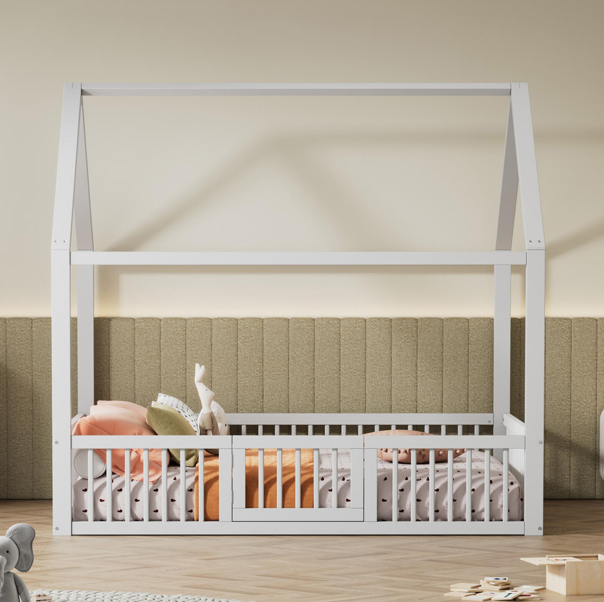 HAUSBETT 140/200 cm in Weiß – aus Kiefernholz mit Rundumgitter und Tür - Weiß, Holz (140/200cm) - BEAOK