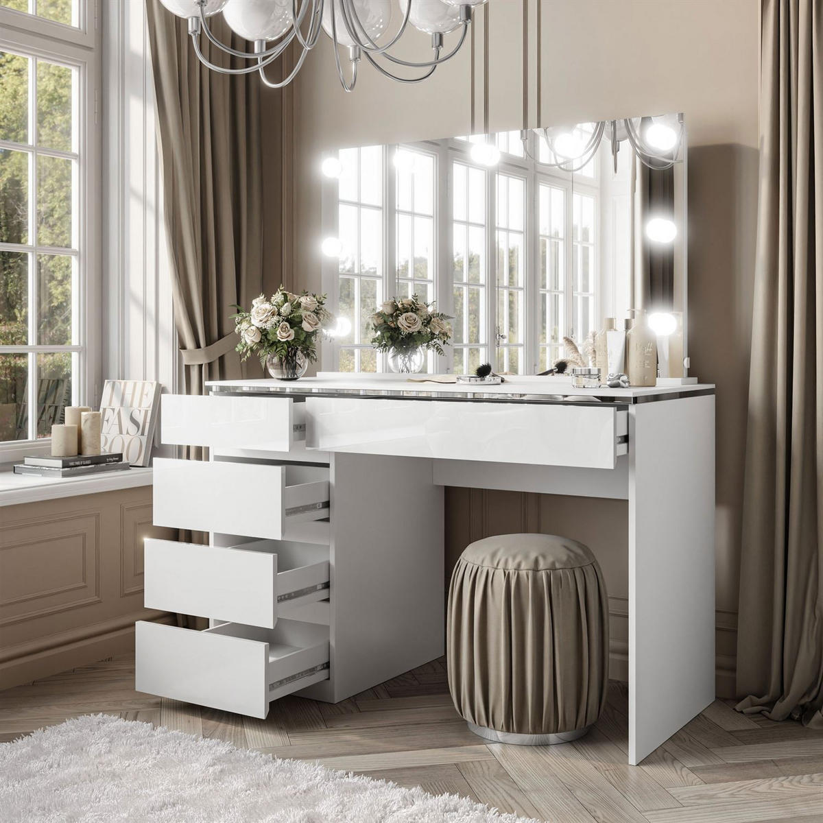 SCHMINKTISCH AURORA II SILVER ELITE mit Spiegel und Beleuchtung - Weiß Hochglanz, Holzwerkstoff (120/78.5/55cm) - Lookway