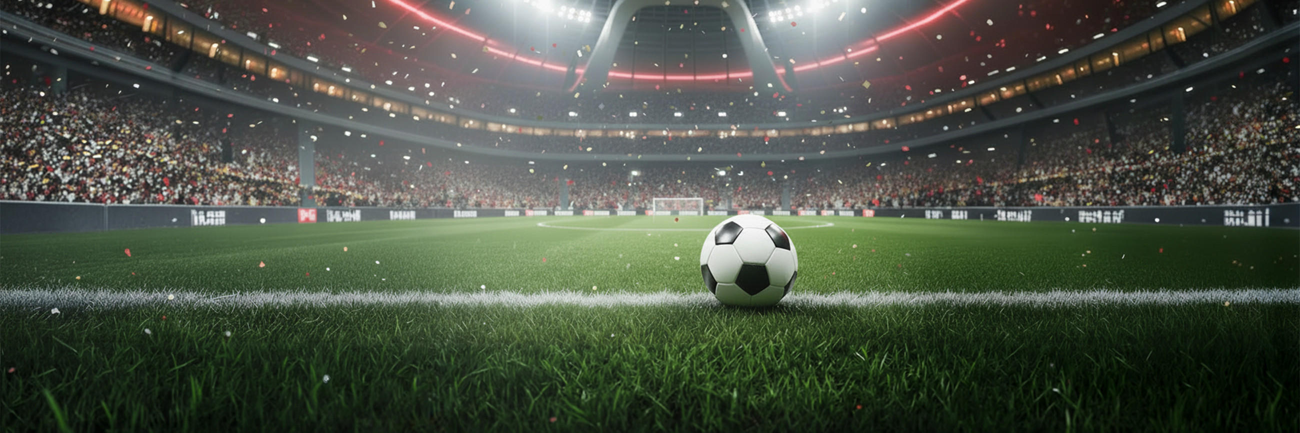 Ein Fußball liegt auf dem grünen Rasen in einem großen, hell beleuchteten Stadion; im Hintergrund sind dicht besetzte Tribünen, Flutlicht und eine geschwungene Dachkonstruktion zu sehen, während Konfetti durch die Luft fällt.