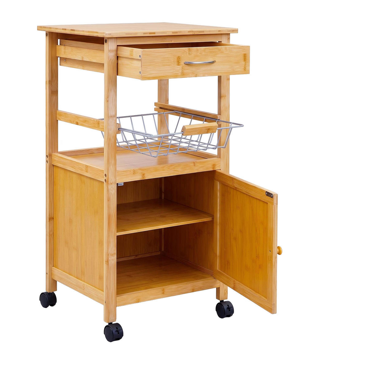 CĂRUCIOR Natural bambus cu roți - maro deschis, material plastic/lemn (47/81/36cm) - Relaxdays