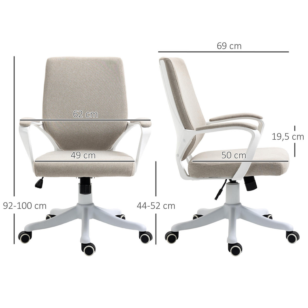 BÜROSTUHL Drehstuhl höhenverstellbarer dick gepolstert Polyester Beige+Weiß - Sandfarben, Kunststoff (69/100/62cm) - Vinsetto