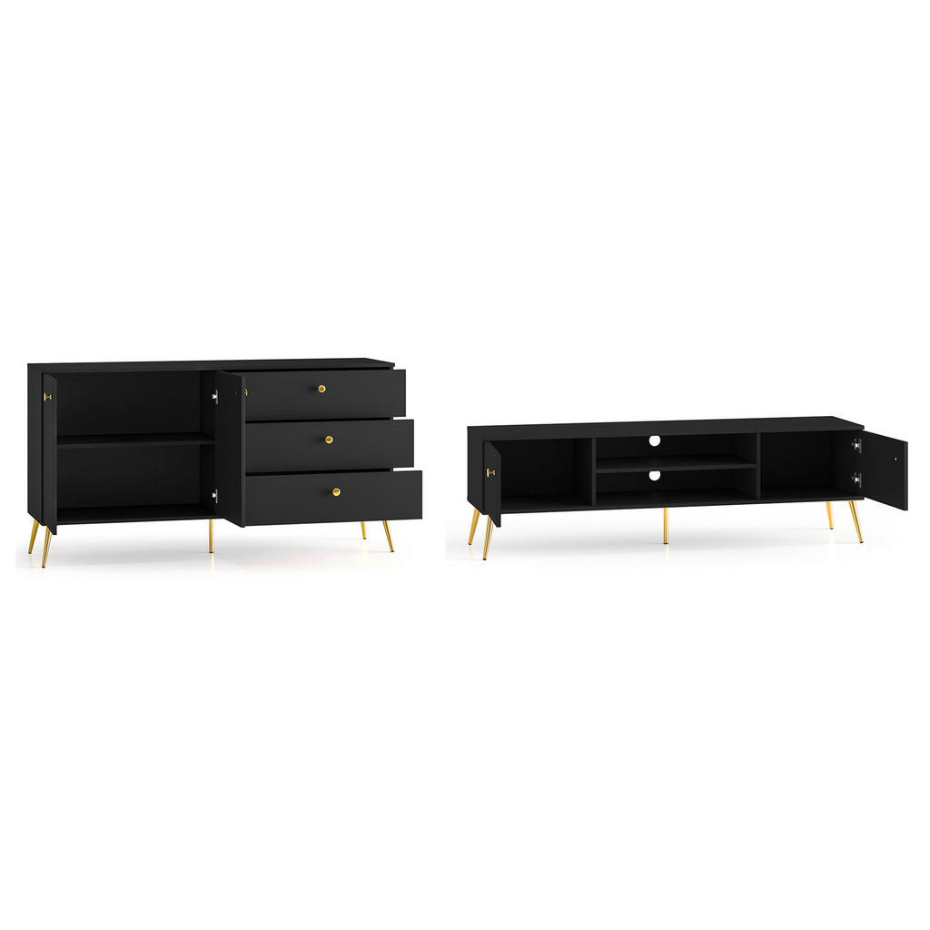 Thumbnail - Feldmann-Wohnen Wohnzimmer-Set, Schwarz, Gold, Holz, 6 Fächer, 3 Schubladen, Rechteckig, 160x85x40 cm, Wohnzimmer, Wohnw...