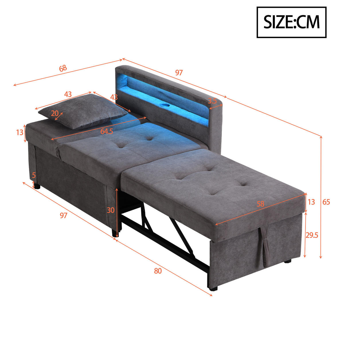 SCHLAFSOFA 3-in-1 Leinenstoff mit 5-fach verstellbarer Rückenlehne und USB-Anschluss Dunkelgrau 177/68/65 cm - Dunkelgrau, Textil (68/65/177cm) - Redom