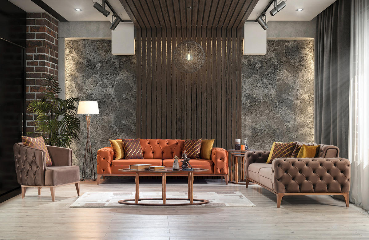 SITZGARNITUR Roma Braun-Terracotta Stellvariante:2+2+1 - Grau, Holz (180/81/103cm) - Villa Möbel