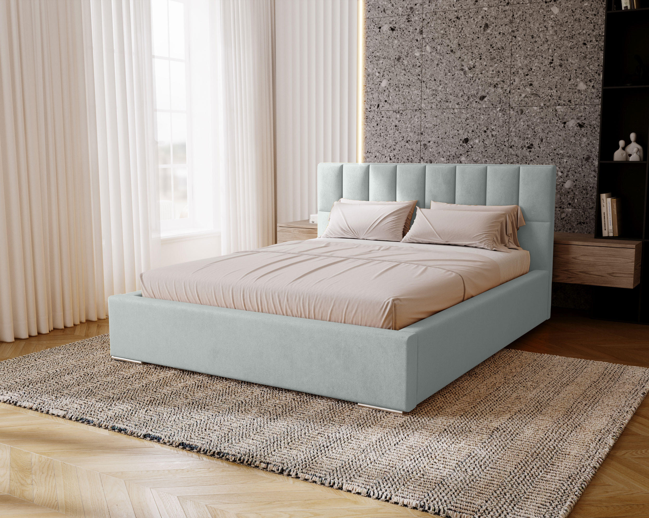 POLSTERBETT Dream 140x200 cm, Doppelbett mit Bettkasten und Lattenrost aus Holz, Velourstoff: Silbern - Silberfarben, Holz/Kunststoff (140/200cm) - Marpur
