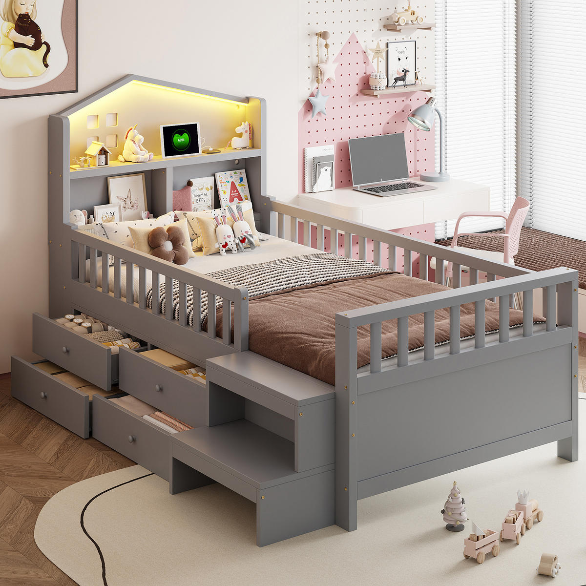 KINDERBETT 90/200 cm DE-01474, in Grau, mit 4 Schubladen, LED-Leuchten und Ladeanschlüssen - Grau, Holz (90/200cm) - ComfortXL