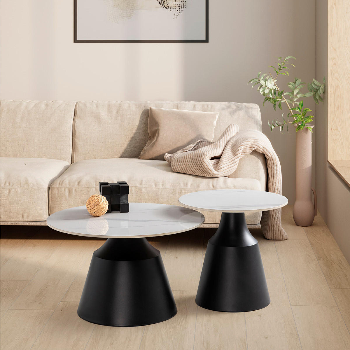COUCHTISCHEN (Set aus 2) in hochglanz-weiß - riley 70/70/42,5 cm - Schwarz, Stein (70/70/42.5cm) - Calicosy
