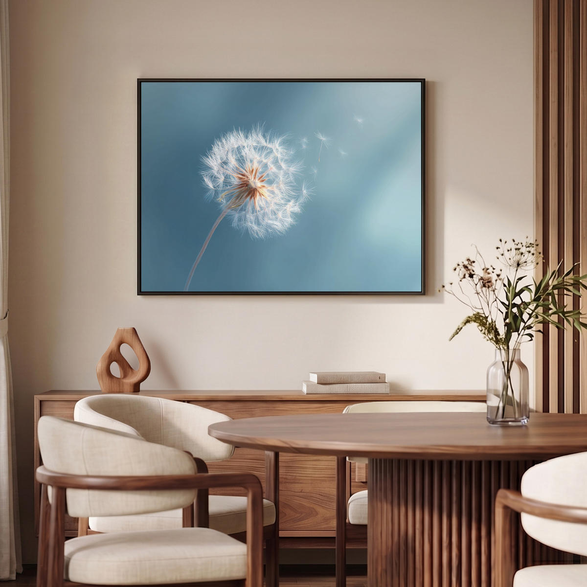 LEINWAND Bilder mit Rahmen - Löwenzahn - Wind - Blau - 100x70 - Blaugrau, Textil (100/70cm) - MuchoWow