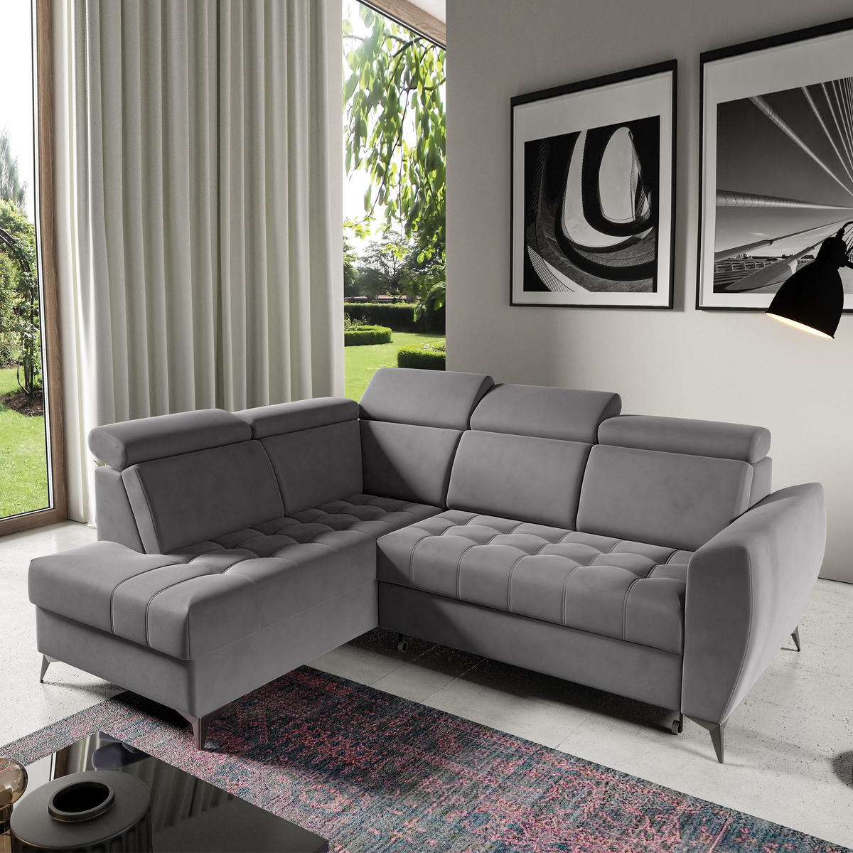 ECKSCHLAFSOFA Aurora II mit verstellbare Kopfstützen, Grau, links - Schwarz/Grau, Textil (266/204cm) - Beautysofa