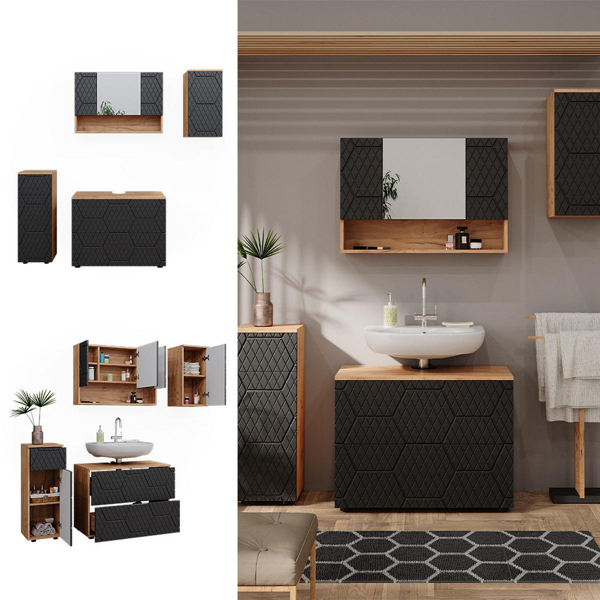 BADMÖBEL-SET Irma Anthrazit gestreift 4 Teile - Honigeiche/Anthrazit, Holzwerkstoff (80/58.6/41cm) - Vicco