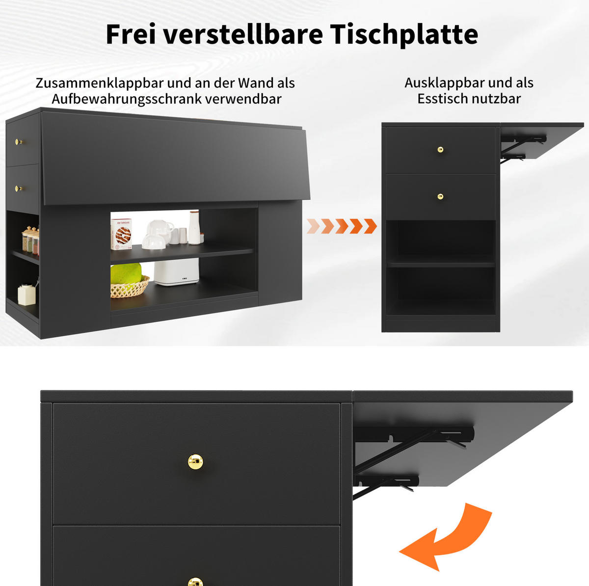 KÜCHENINSEL 140/40/90 cm in Schwarz mit klappbarer Tischplatte und viel Stauraum - Schwarz, Holzwerkstoff (140/90/70cm) - Flora Grace