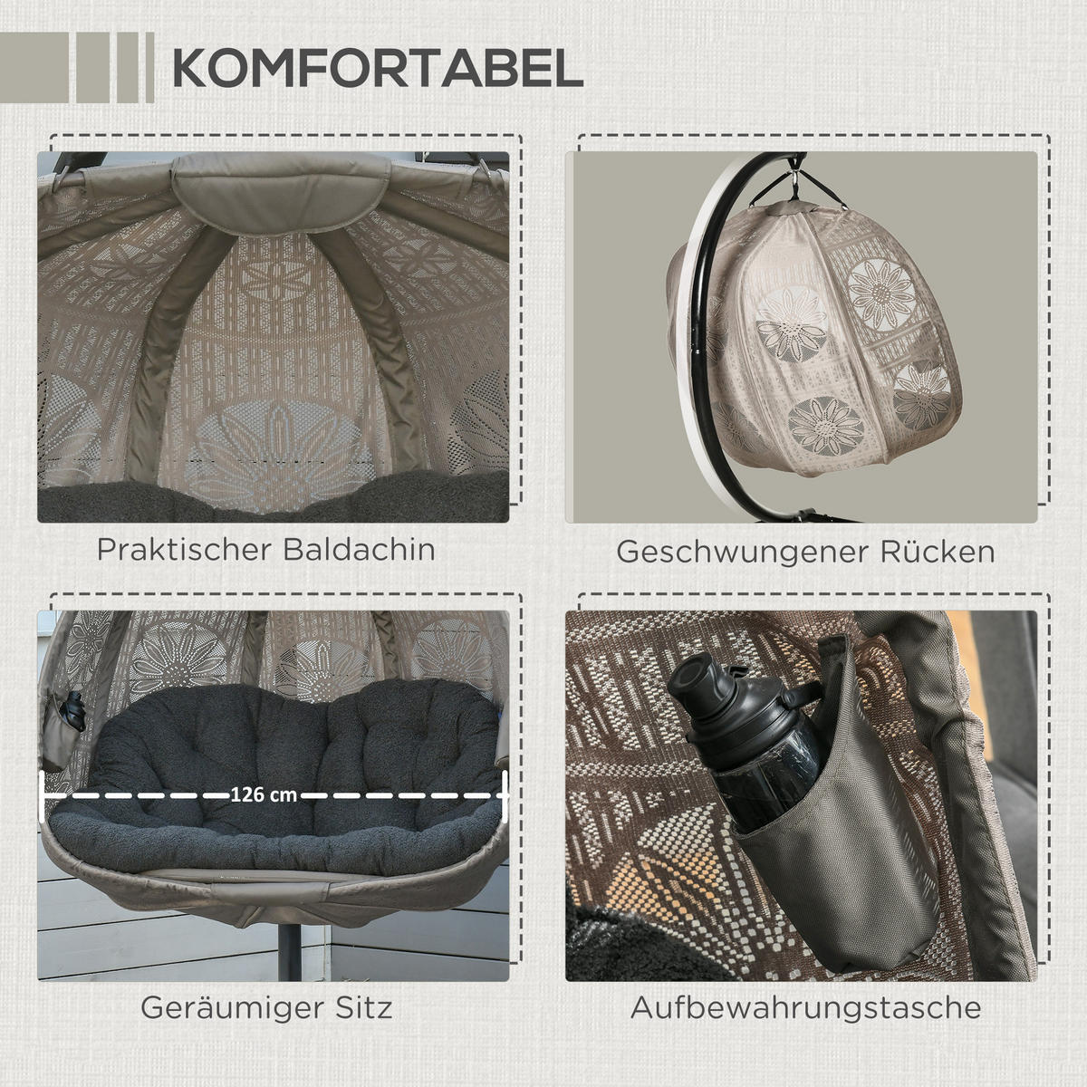 HÄNGESESSEL, Stahl, Polyester, Schwarz - Sandfarben/Schwarz, Kunststoff/Metall (126/172/132cm) - Outsunny