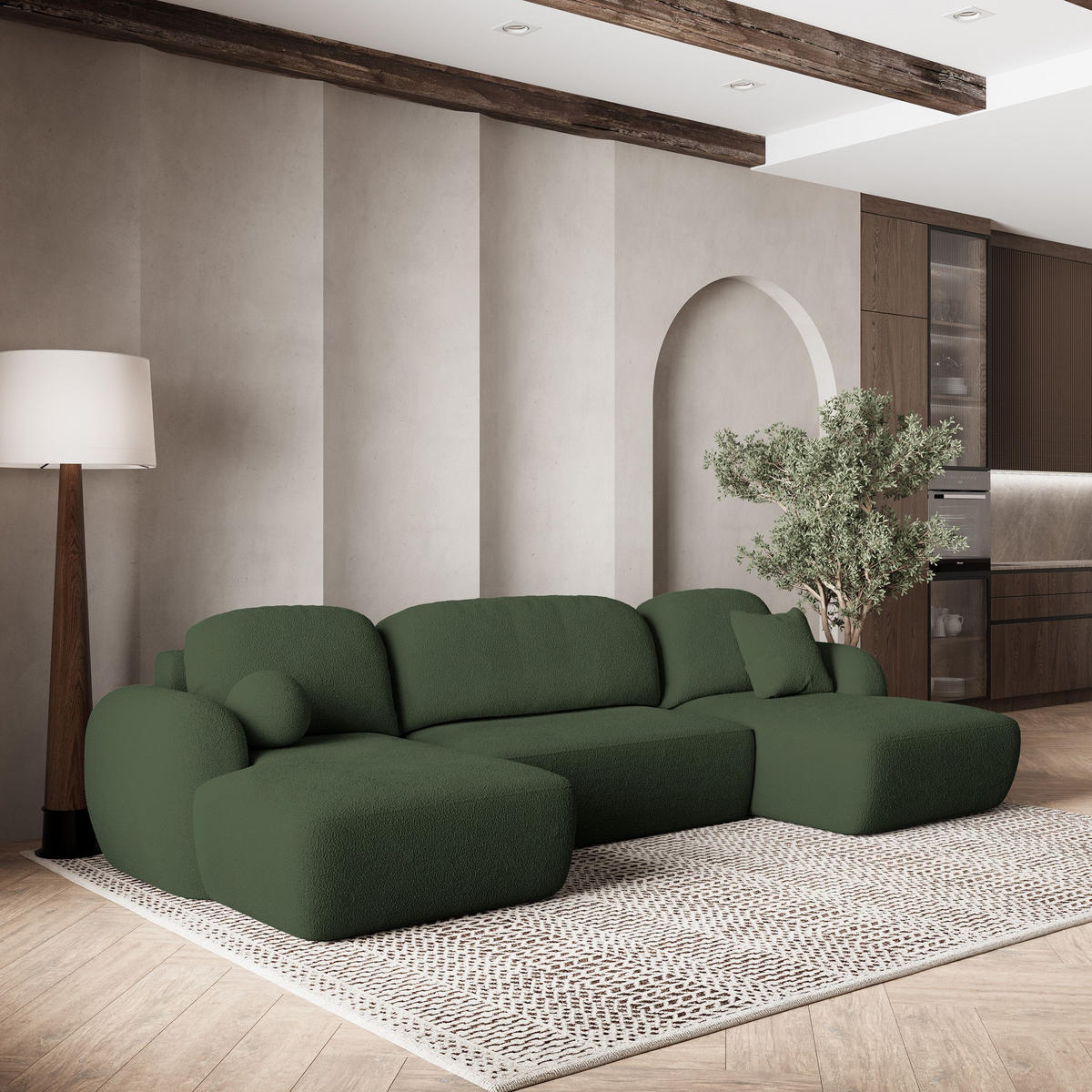 WOHNLANDSCHAFT SAVONA N Grün Boucle-Stoff mit Schlaffunktion - Grün, Holz (320/90/148cm) - MASSENO