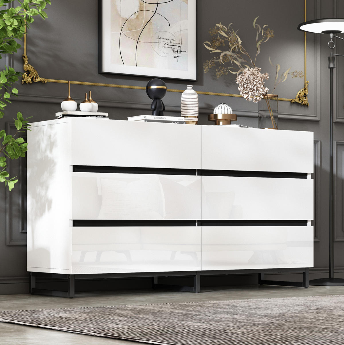SIDEBOARD 140/39.5/78.5 cm Weiß/Schwarz aus Spanplatte mit 6 Schubladen - Weiß, Holzwerkstoff (39.5/78.5/140cm) - OKMYHOME