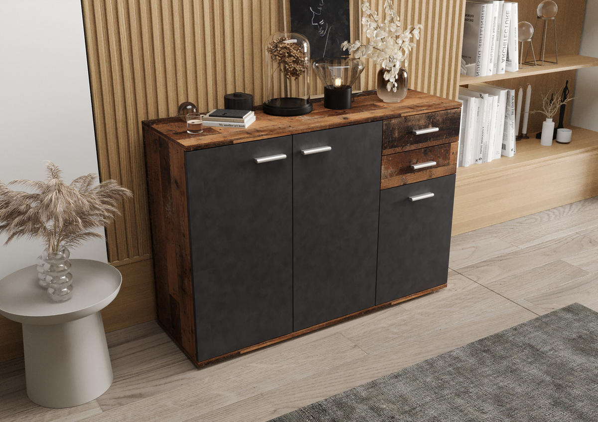 KOMMODE London LMK 3D2S mit 3 Türen, Sideboard in Farbe: Dunkelbraun|Schwarz, Größe: 106 x 75 x 35 cm - Dunkelbraun/Schwarz, Holzwerkstoff (106/75/35cm) - O-Sofa