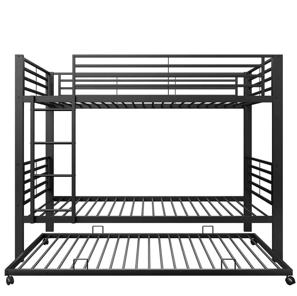 ETAGENBETT Metall 90x200 cm Schwarz mit Ausziehbett platzsparendes Kinderbett für 3 Personen - Schwarz, Metall (90/200cm) - Modfu