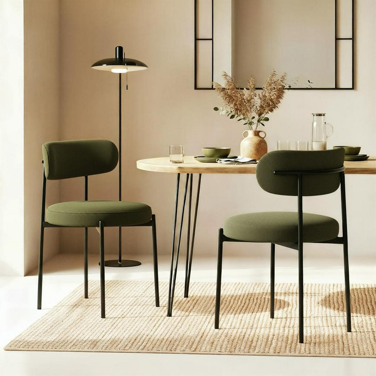 STÜLE 2er-Set Iris moderne aus khakifarbenem Cord - Schwarz/Grün, Textil/Metall (53.5/79/51cm) - Sicaan