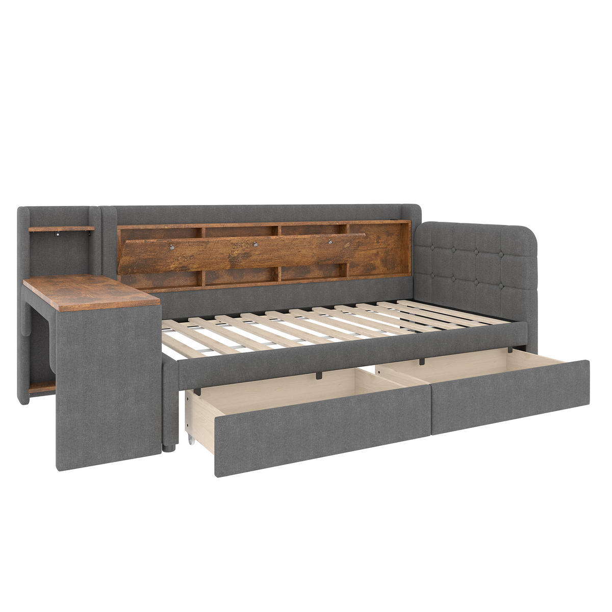 TAGESBETT 90/200 cm DE-04683, mit 2 Schubladen und Schreibtisch in Grau - Grau, Holzwerkstoff (90/200cm) - ComfortXL
